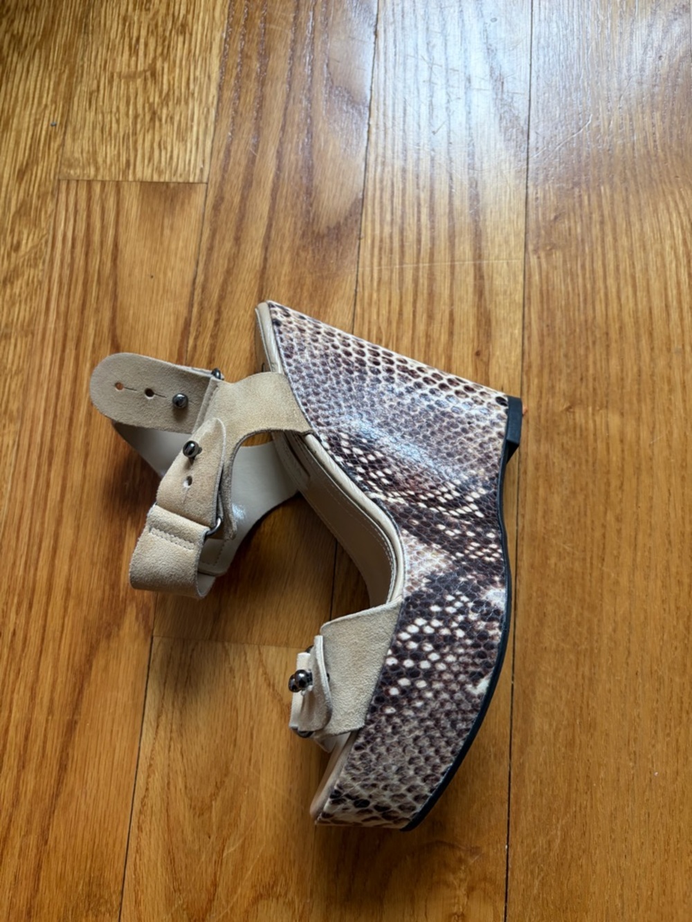 BCBGMaxAzria Beige and Brown Snake Print Wedge Sandals